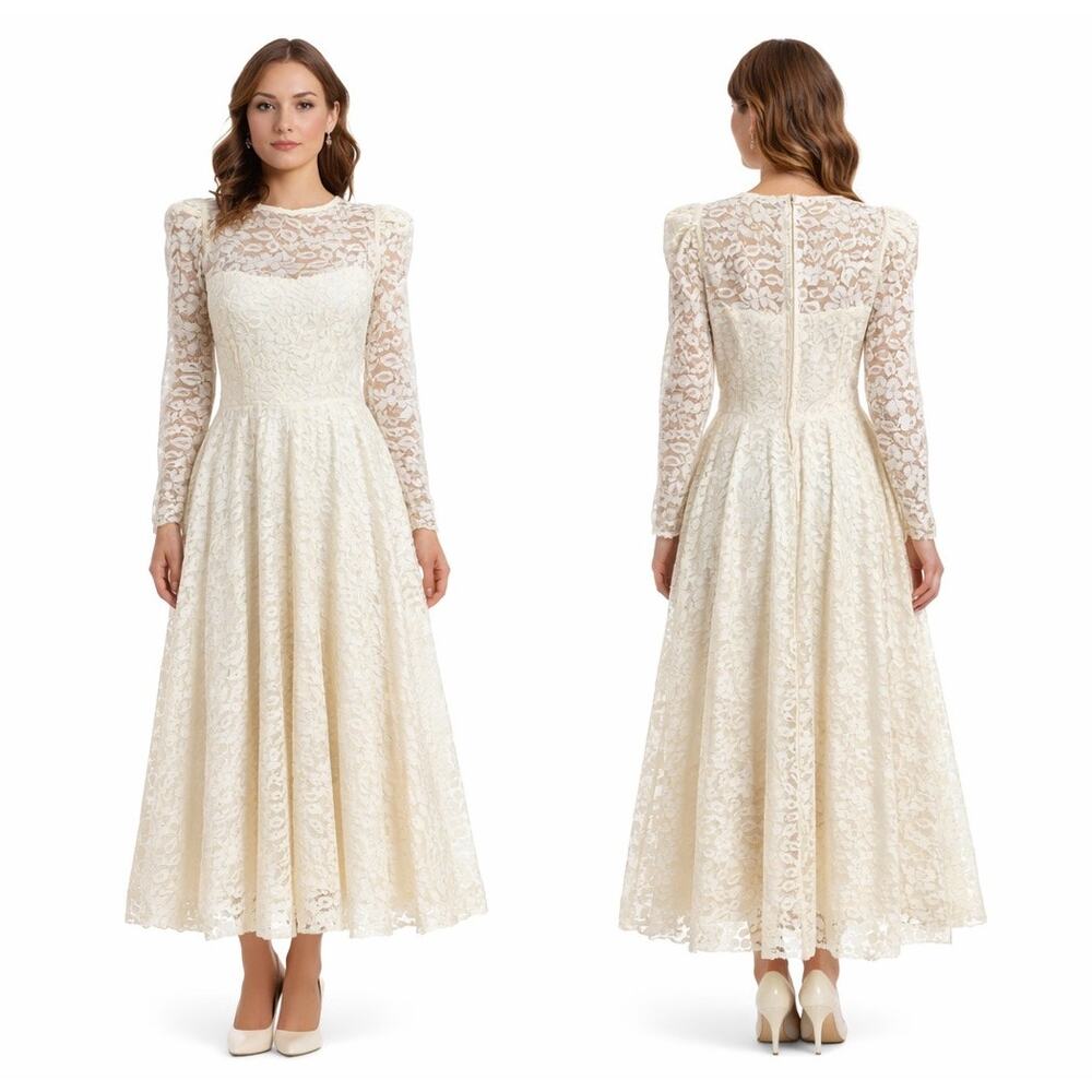1980s Cachet by Bari Protas Cream Lace Tea Length Dress XS-S